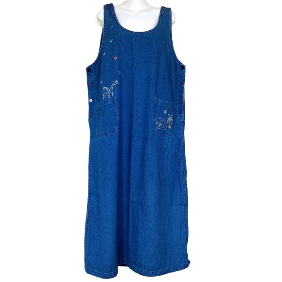 Denim Chambray Maxi Dress Jumper Noah's Ark Embroidery 90s Cotton Casual XL - Picture 7 of 8